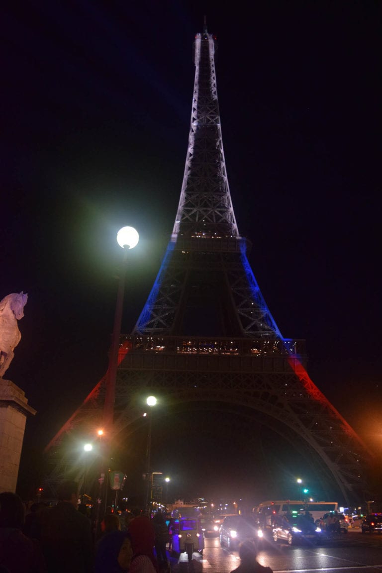 Eiffel Tower, Paris, France with French colors projection